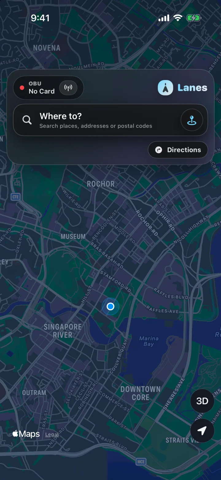Lanes destination search on a Singapore map