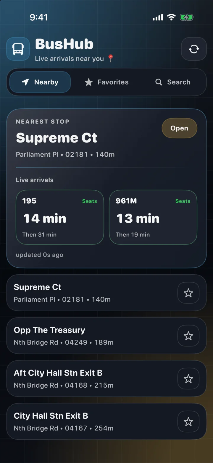 BusHub showing nearby bus stops and arrival estimates