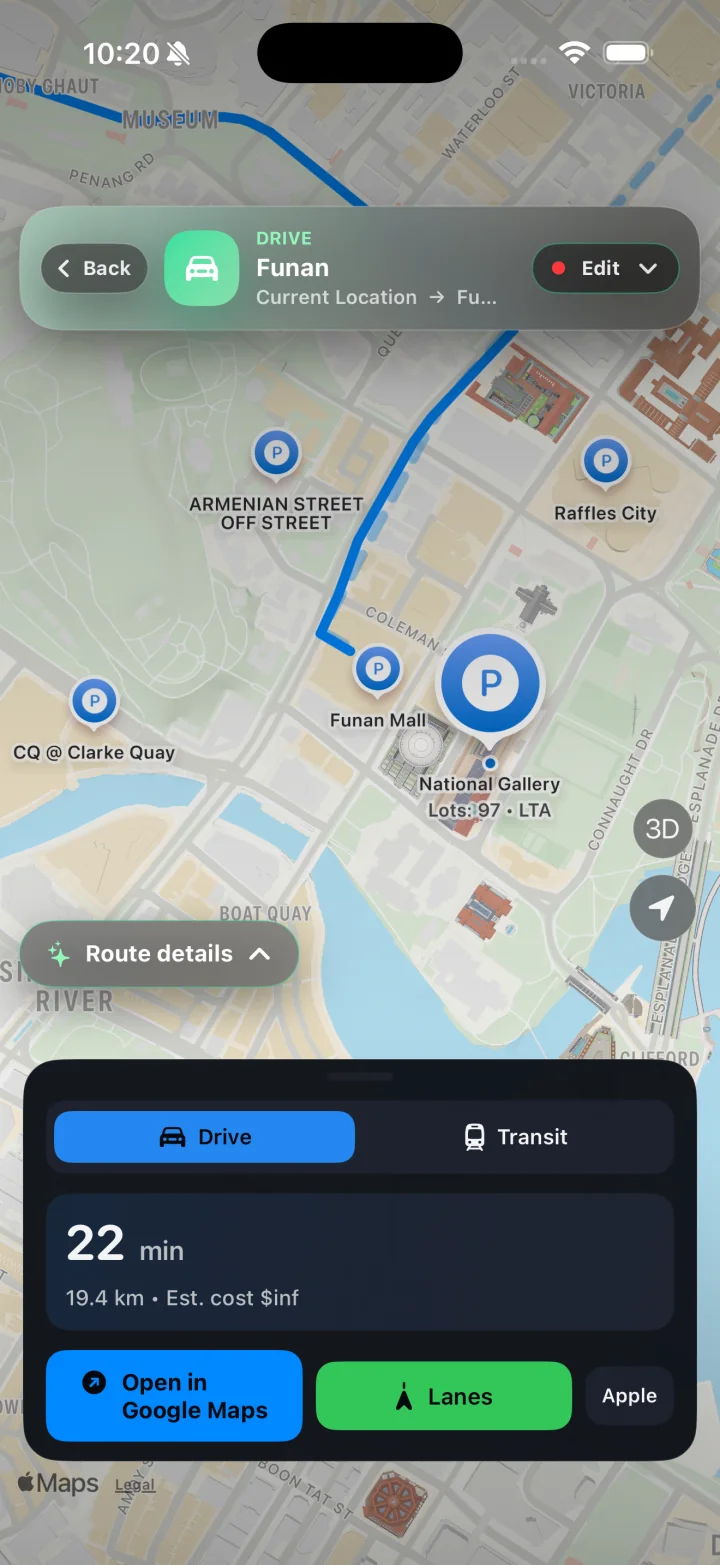 Lanes driving route and nearby parking