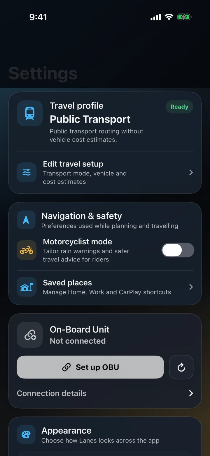 Lanes travel and appearance settings